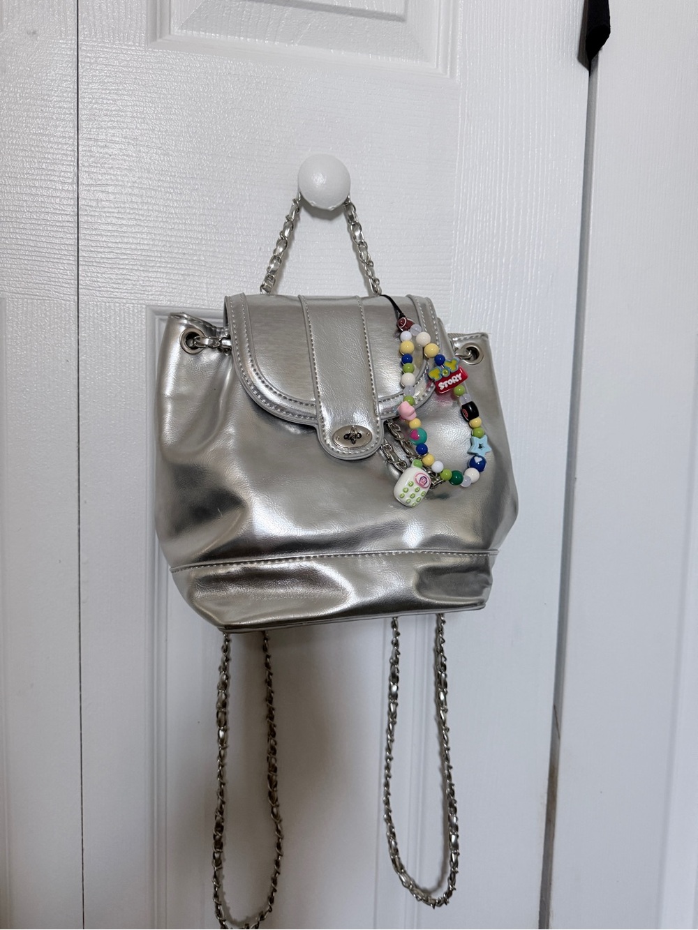 Metallic Silver Mini Backpack with Chain Straps and charms